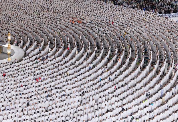 Muslims perform morning prayers in the Grand Mosque during the annual Hajj pilgrimage in the holy city of Mecca