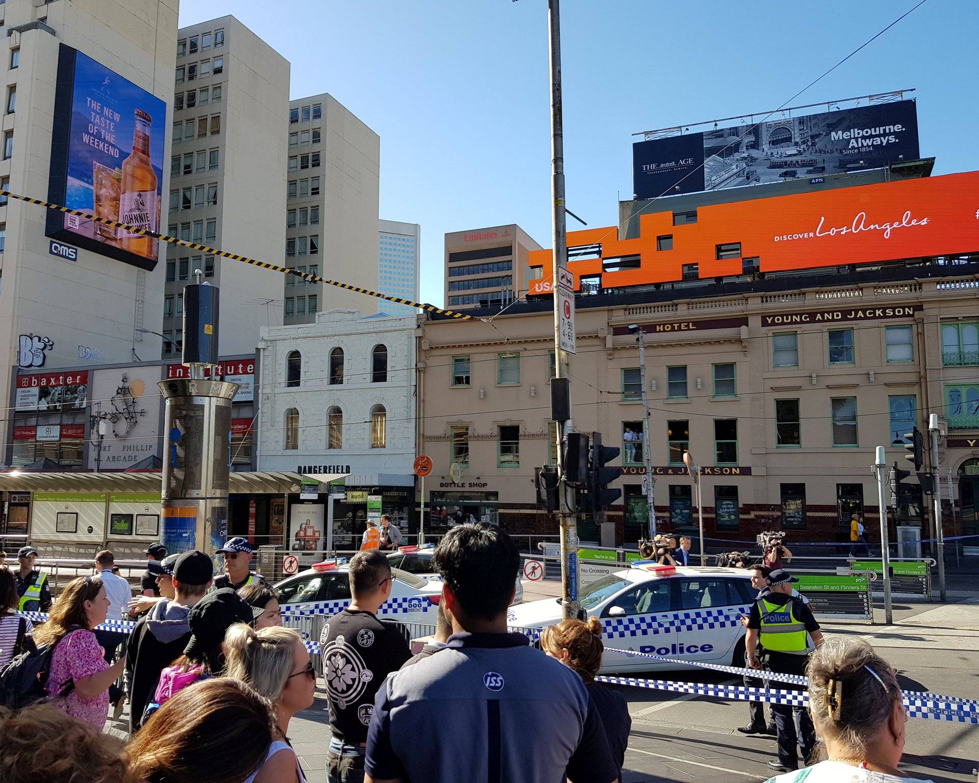 Flinders St station is blocked by the police following the car incident in Melbourne