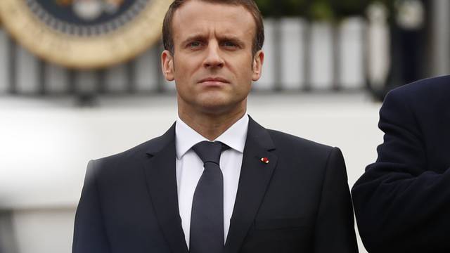 U.S. President Trump welcomes French President Macron during arrival ceremony at the White House in Washington