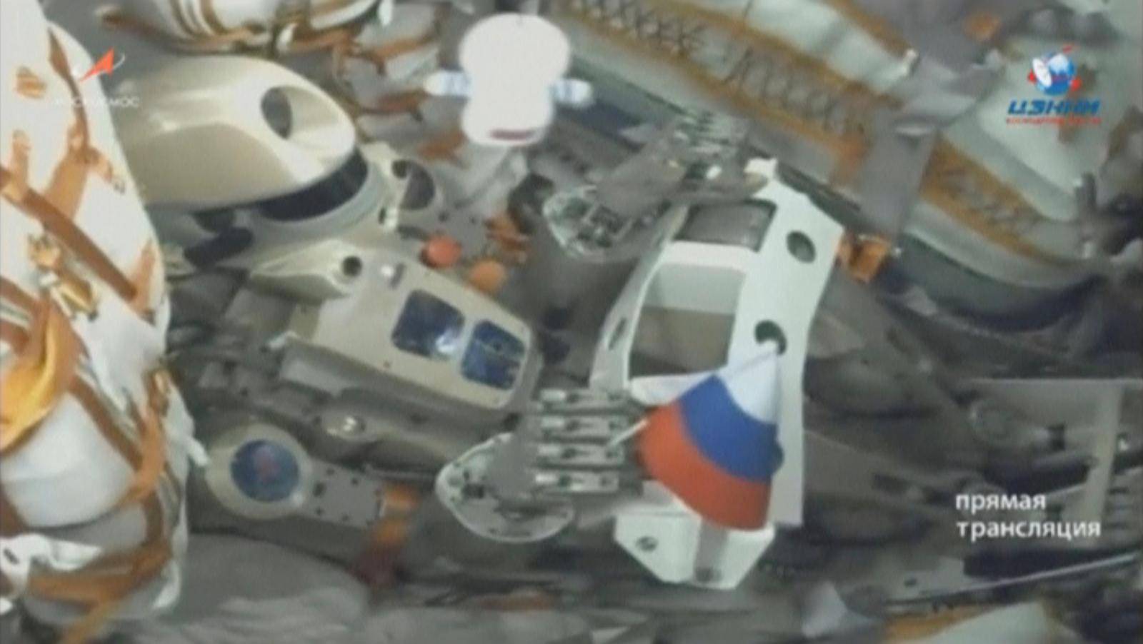 A still image shows robot Skybot F-850 inside a spacecraft carried by Soyuz-2.1a booster after the launch from the Baikonur Cosmodrome