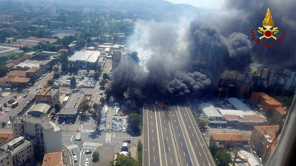 A general view of the motorway after an accident caused a large explosion and fire at Borgo Panigale, on the outskirts of Bologna