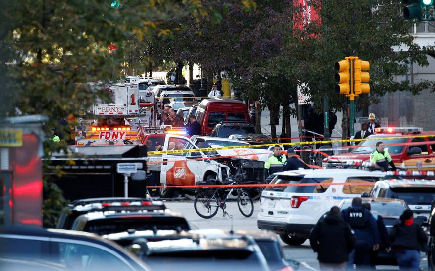 A Home Depot truck which struck down multiple people on a bike path killing several and injuring numerous others is seen in lower Manhattan in New York