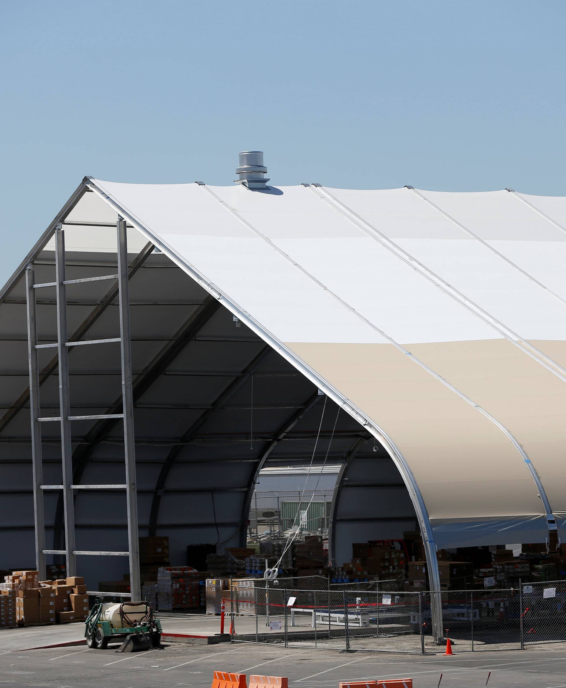 A tent is seen at the Tesla factory in Fremont, California