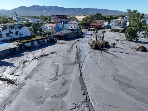 A drone view shows mud covering areas of Hualien