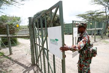 A wildlife ranger guards the enclosure where Sudan, the last male northern white rhino, who died on Monday, was kept in the Ol Pejeta Conservancy in Laikipia National Park