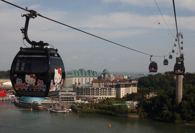 A view of Hello Kitty cable car cabins between Harbourfront and Sentosa Island in Singapore