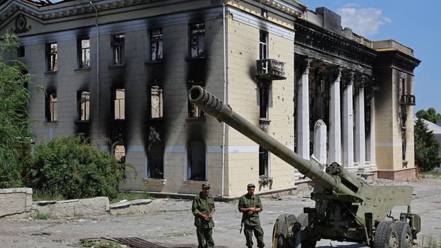 An exhibition of Ukrainian army hardware and weapons left in the city after its withdrawal from Lysychansk