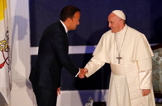 Pope Francis is greeted by Taoiseach Leo Varadkar at Dublin Castle during his visit to Dublin