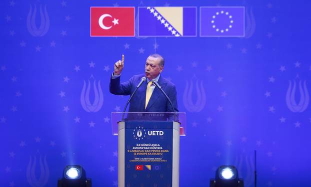 Turkish President Tayyip Erdogan attends a pre-election rally in Sarajevo