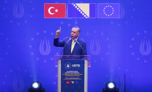 Turkish President Tayyip Erdogan attends a pre-election rally in Sarajevo