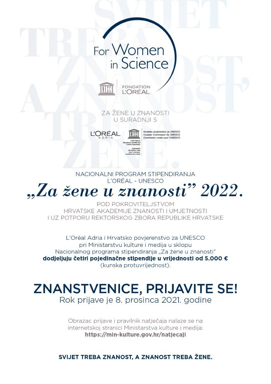 Otvoren je natječaj za stipendije Nacionalnog programa  L'Oréal – UNESCO 'Za žene u znanosti'