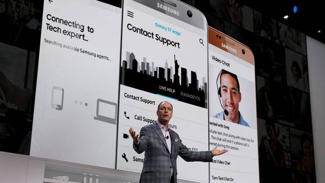 Tim Baxter, president and COO of Samsung Electronics America, speaks during a Samsung Electronics news conference at the 2017 CES in Las Vegas