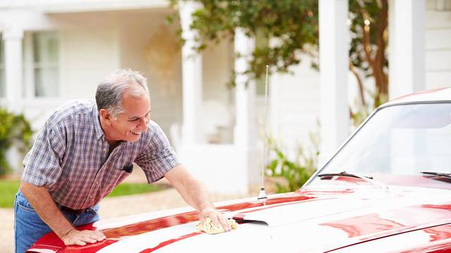 Retired,Senior,Man,Cleaning,Restored,Car