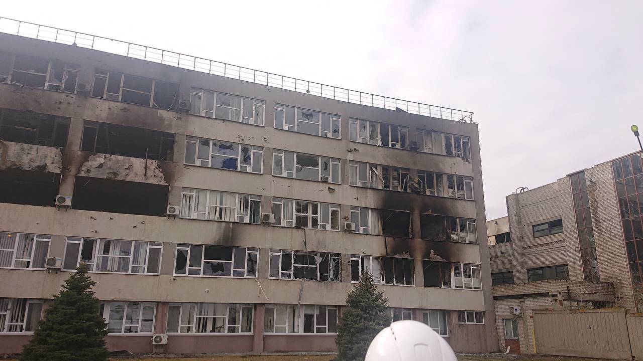 A view of a damaged building at the Zaporizhzhia Nuclear Power Plant compound in Enerhodar