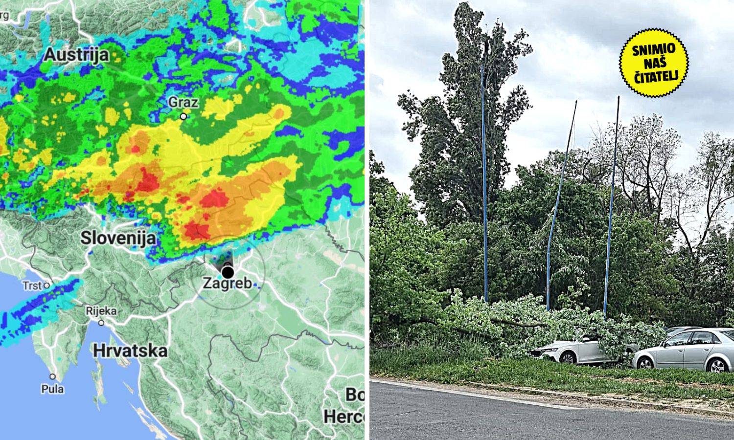 Pogledajte nevrijeme koje stiže u Hrvatsku: Moguće i jače oluje. U Zagrebu je drvo palo na auto