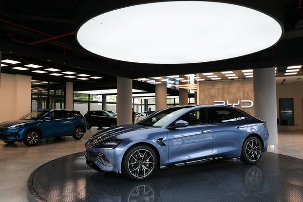 A BYD SEAL electric vehicle is displayed at the BYD Pakistan Metropole Experience Center, in Karachi