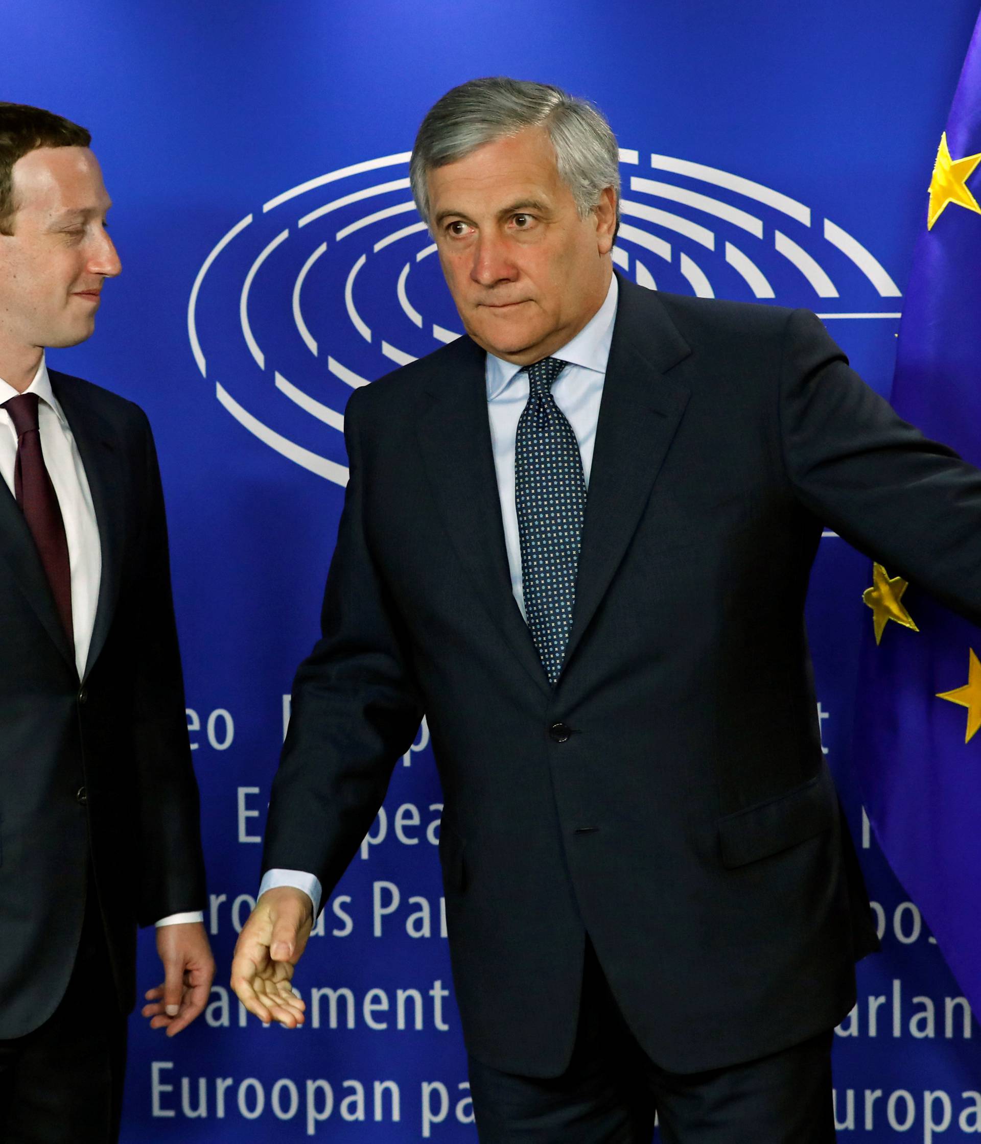 European Parliament President Antonio Tajani welcomes Facebook's CEO Mark Zuckerberg at the European Parliament in Brussels