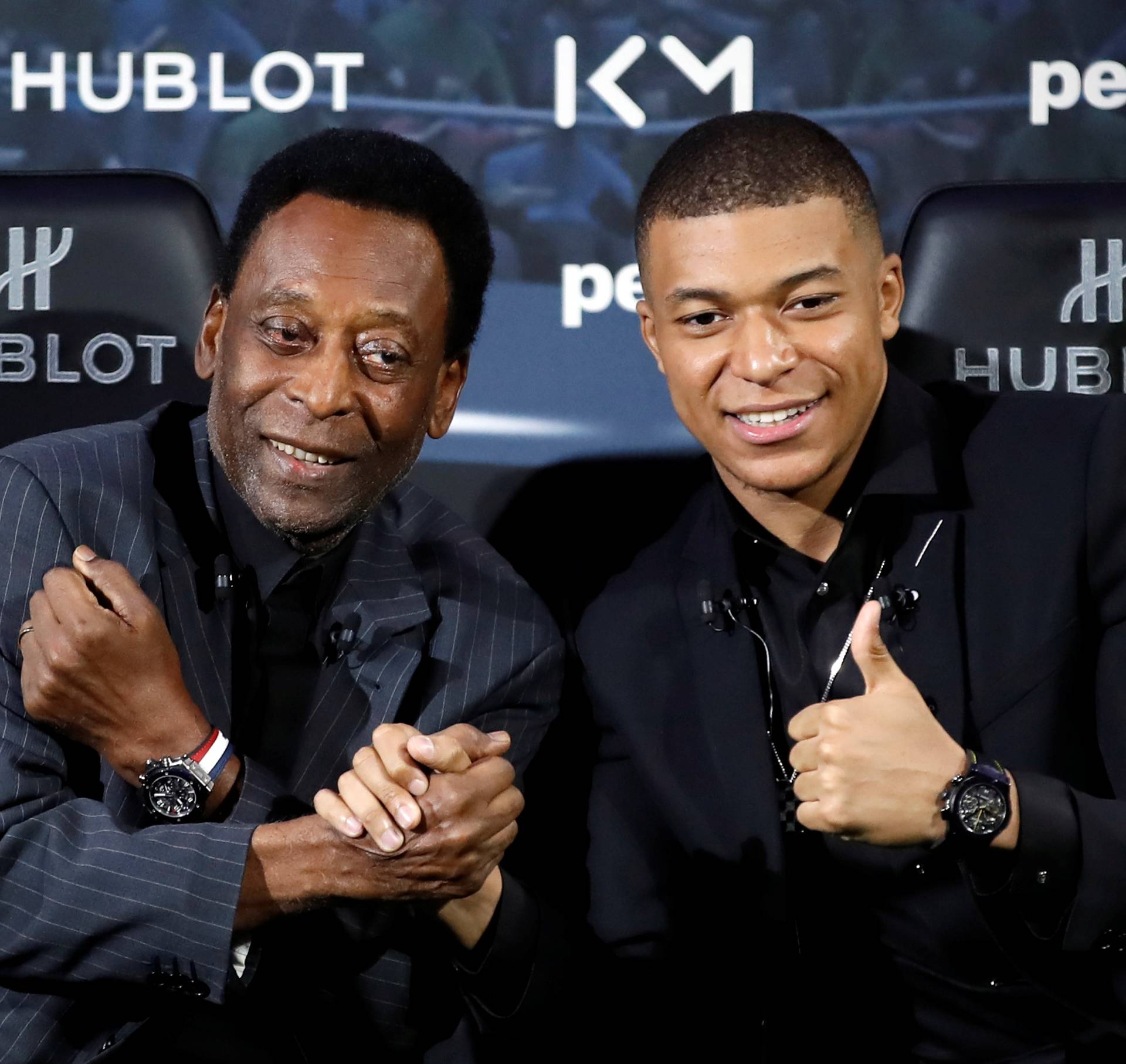 French soccer player Kylian Mbappe and Brazilian soccer legend Pele meet in Paris