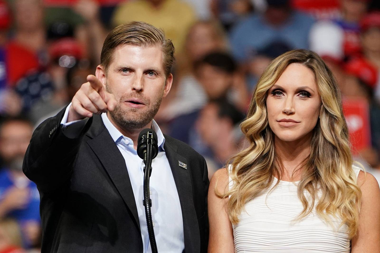 Eric Trump and Lara Trump speak before a U.S. President Donald Trump campaign kick off rally at the Amway Center in Orlando