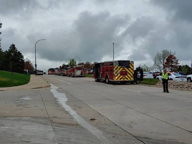 Resuce and security forces seen near the STEM School during a shooting incident in Highlands Ranch, Colorado, U.S. in this May 7, 2019 image obtained via social media