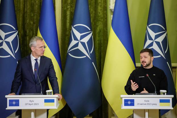 NATO Secretary-General Stoltenberg and Ukraine's President Zelenskiy on a joint news briefing in Kyiv