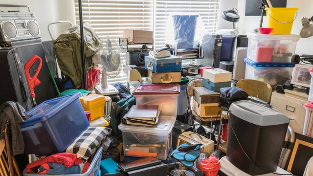 Hoarder,Room,Packed,With,Boxes,,Electronics,,Business,Equipment,,Household,Objects