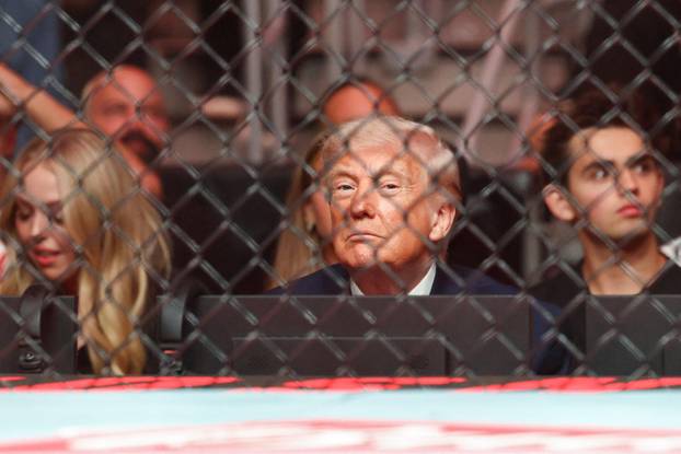 U.S. President Donald Trump attends the UFC 327 event at Kaseya Center in Miami