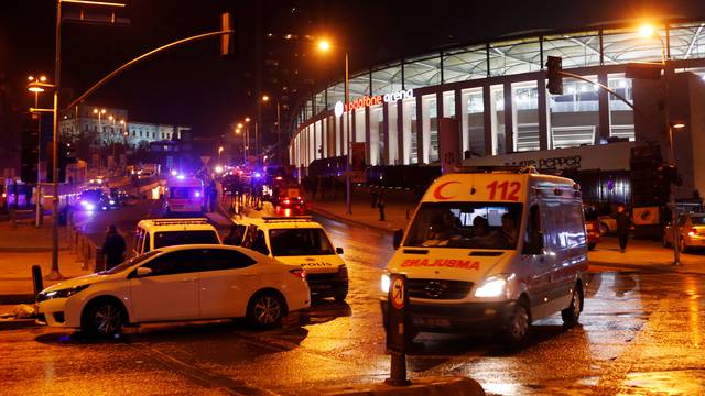 An ambulance leaves the scene after a blast in Istanbul