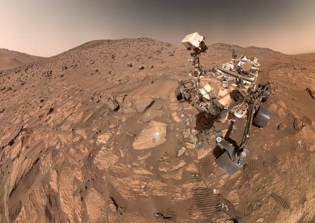 A "selfie" taken by NASA's Perseverance Mars rover, made up of 62 individual images