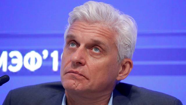 FILE PHOTO: Russian business tycoon Oleg Tinkov attends a session of the St. Petersburg International Economic Forum