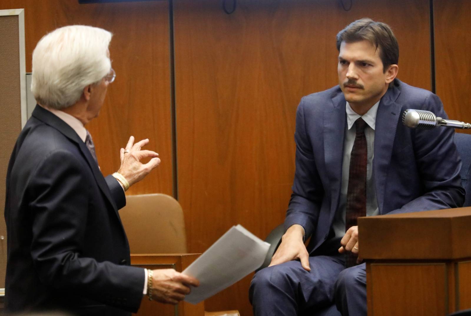 Daniel Nardoni, defence attorney, questions actor Ashton Kutcher at the murder trial of accused serial killer Michael Thomas Gargiulo in Los Angeles