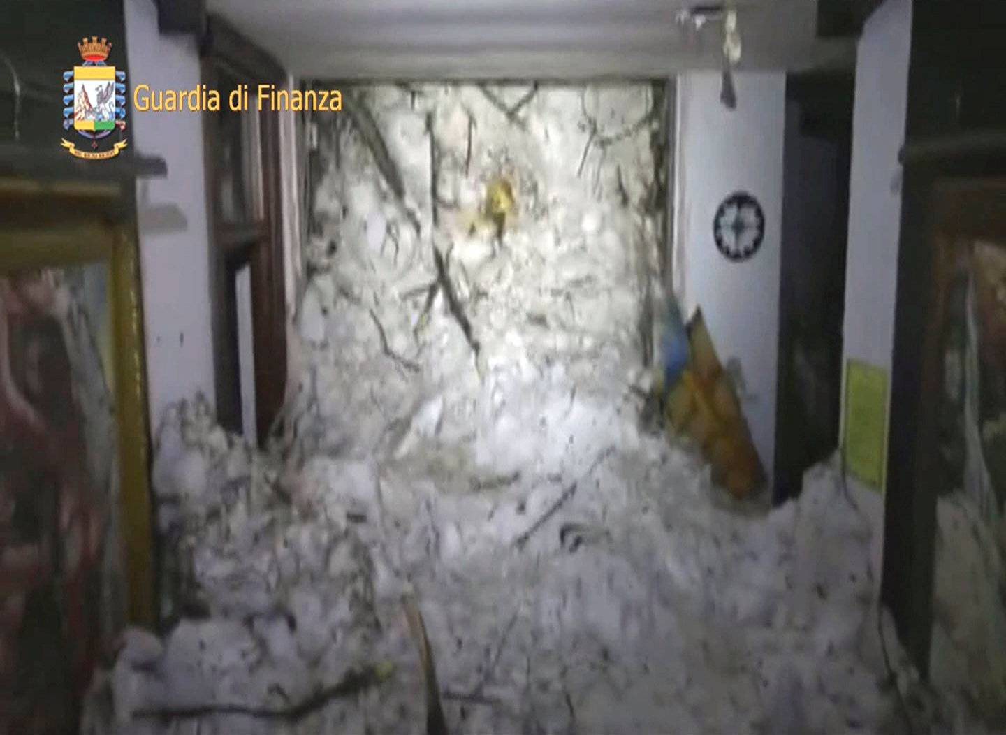 A photo taken from a video shows the snow inside the Hotel Rigopiano in Farindola, central Italy, hit by an avalanche