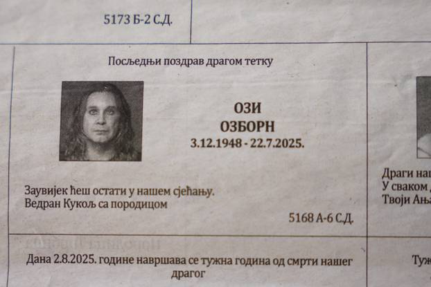 "Posljednji pozdrav tetku Ozzy Osbourneu" u dnevnim novinama u Banja Luci