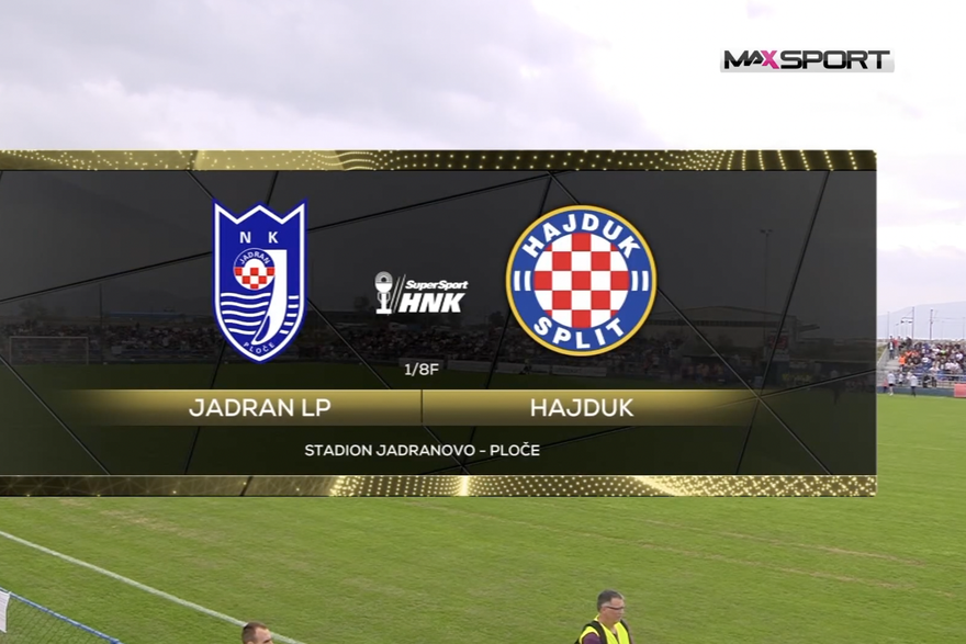 Sažetak utakmice osmine finala SuperSport Hrvatskog nogometnog kupa između Jadran LP i Hajduka (0:2).