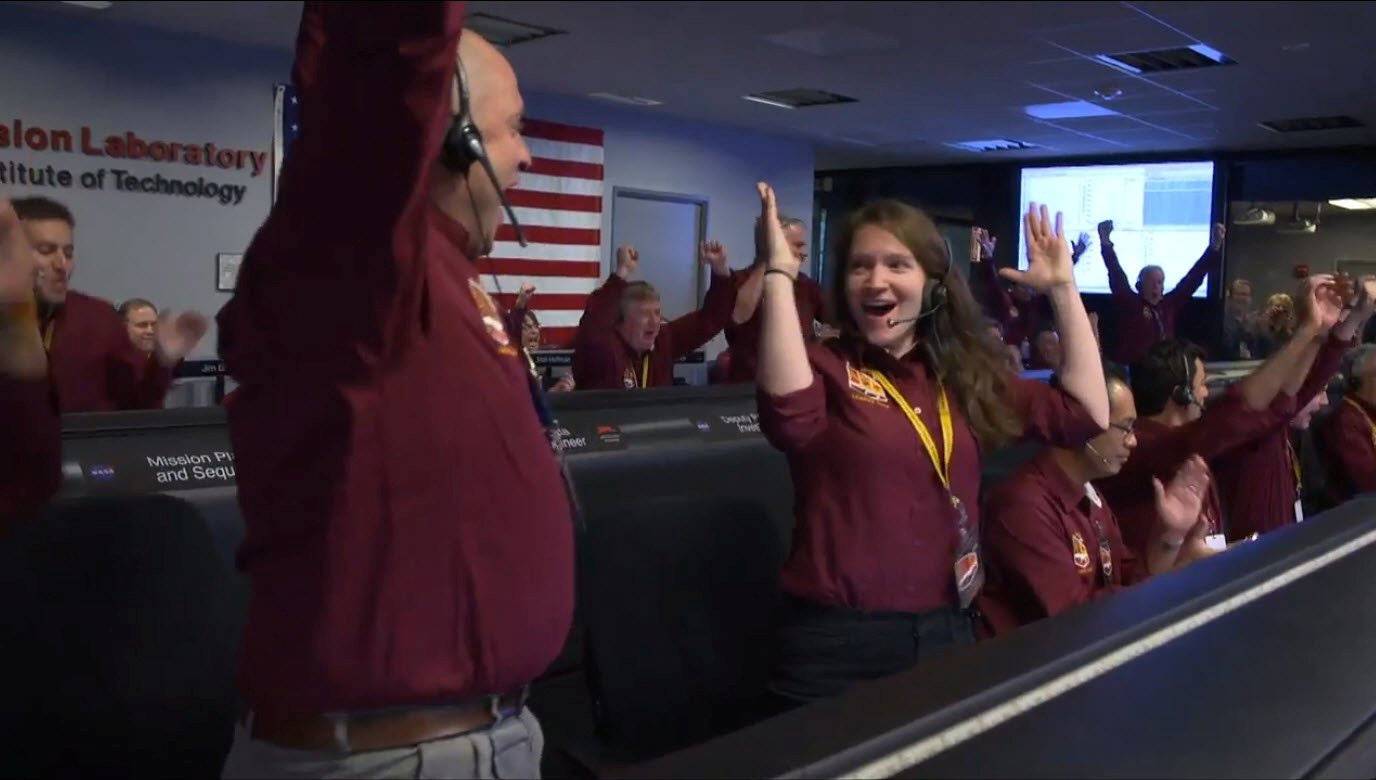 The mission control team at NASA's Jet Propulsion Laboratory (JPL) reacts as the spaceship Insight lands on Mars, in Pasadena