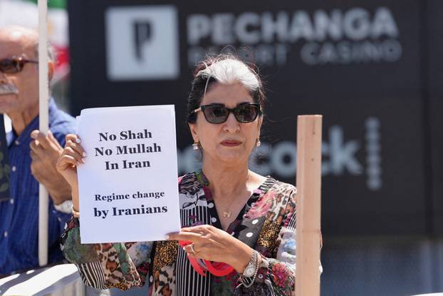 Protest ahead of Iran's first match during the FIFA World Cup 2026, near SoFi Stadium