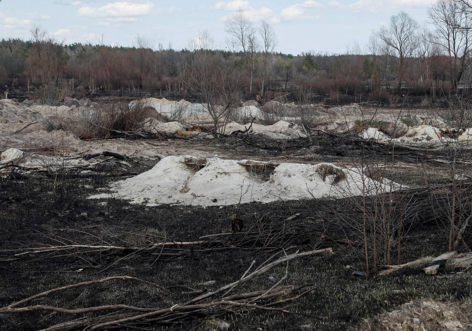 Trenches dug by the Russian military are seen in an area with high levels of radiation called the Red Forest near the Chernobyl Nuclear Power Plant, in Chernobyl