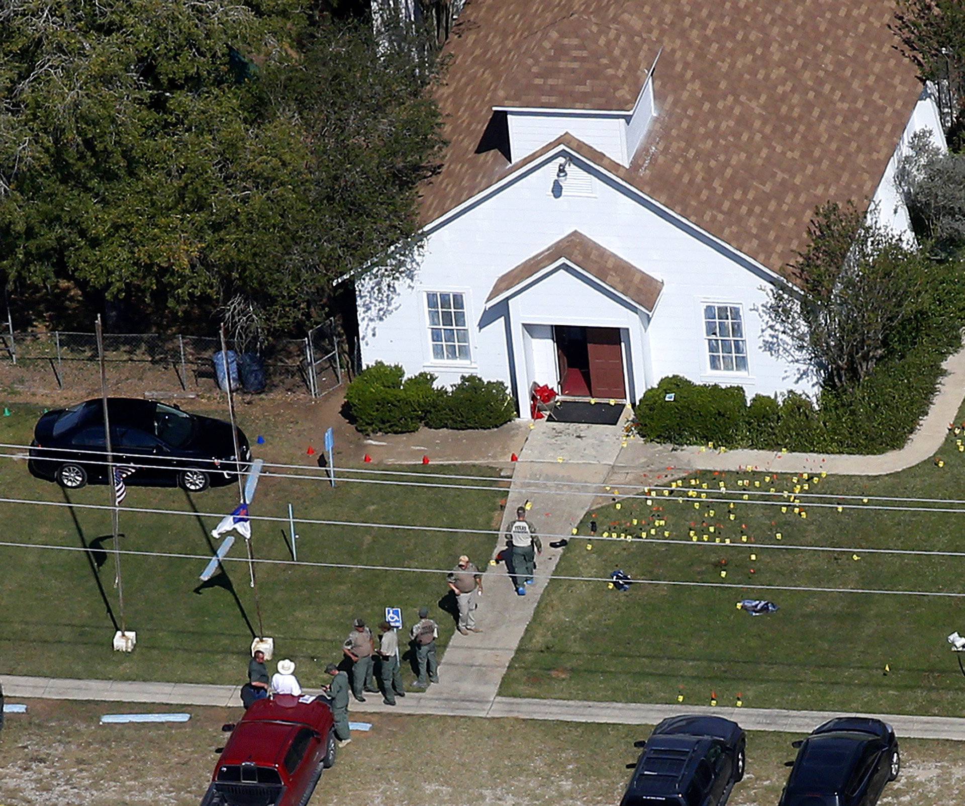 An aerial photo showing the site of a mass shooting at the First Baptist Church of Sutherland Springs,