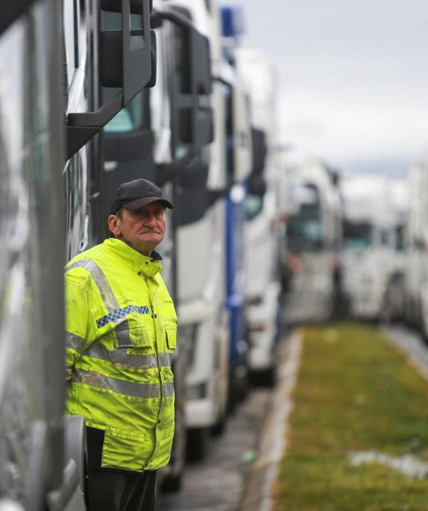 Protest by truck drivers and transport union representatives over disruptions linked to the European Union's new Entry-Exit System, in Gevgelija