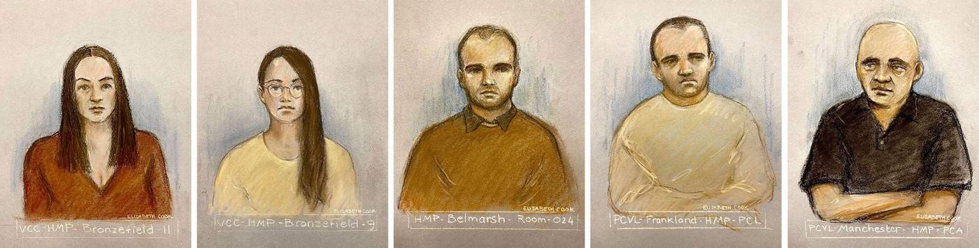 Comp of court artist sketches by Elizabeth Cook of Bulgarian nationals (left to right) Katrin Ivanova, Vanya Gaberova, Orlin Roussev, Ivan Stoyanov and Bizer Dzhambazov appearing via video link at Westminster Magistrates' Court, London, charged with spyin