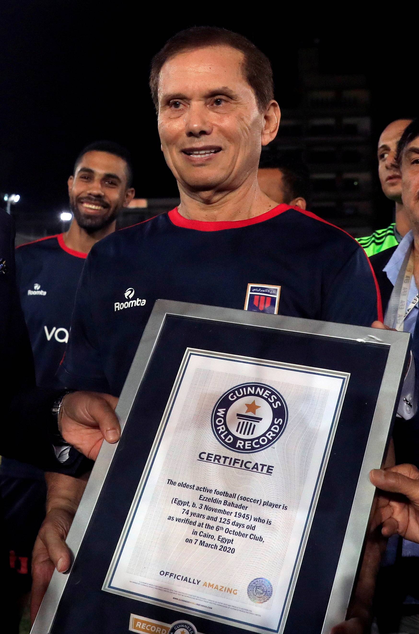 Ezzeldin Bahader, a 74-years-old Egyptian football player of 6th October Club holds Guinness World Record certificatication for the oldest active football player at the Olympic Stadium in the Cairo suburb of Maadi