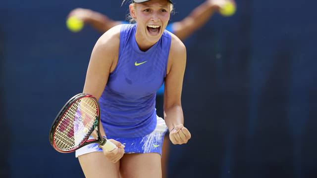 Croatia's Donna Vekic celebrates winning her second round match against USA's Julia Boserup