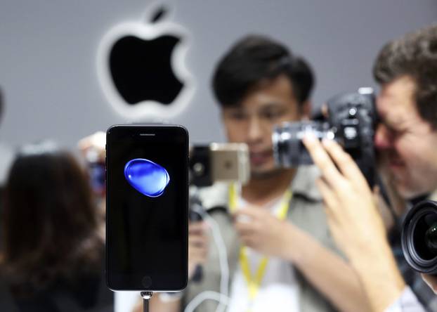 The iPhone 7 is shown on display during an Apple media event in San Francisco