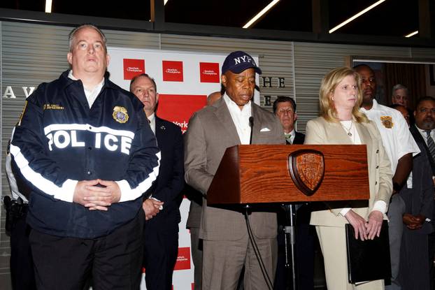 New York Mayor Eric Adams addresses members of the news media, in New York City
