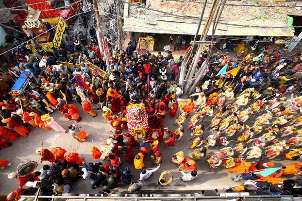 The arrival of the members of an akhara or sect of sadhus for the upcoming "Maha Kumbh Mela" in Prayagraj