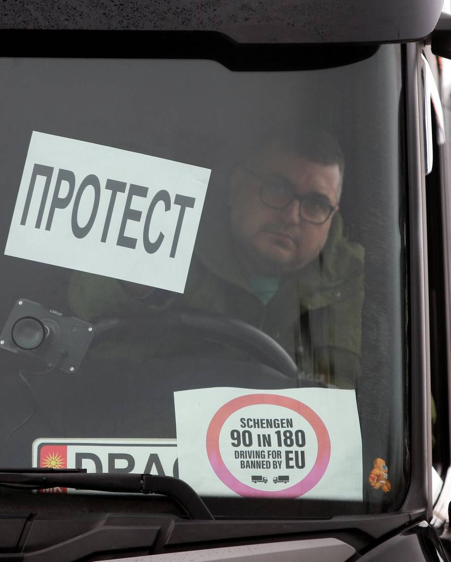 Protest by truck drivers and transport union representatives over disruptions linked to the European Union's new Entry-Exit System, in Gevgelija