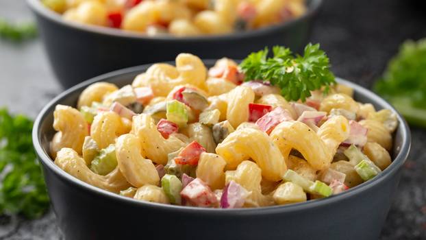 Macaroni,Salad,With,Red,Bell,Pepper,,Onion,,Celery,,Gherkins,And