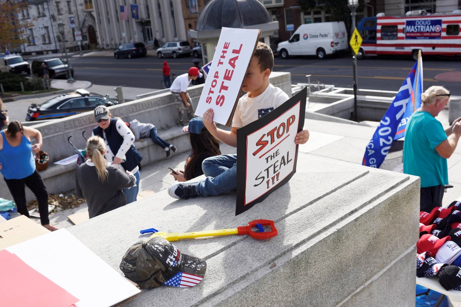 Supporters of U.S. President Donald Trump protest in front of the Pennsylvania Commonwealth capitol building in Harrisburg