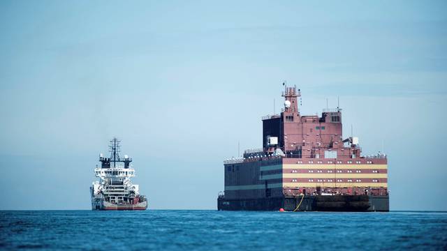 The Russian "Academy Lomonosov", the world's first floating nuclear power plant, passes Langeland island