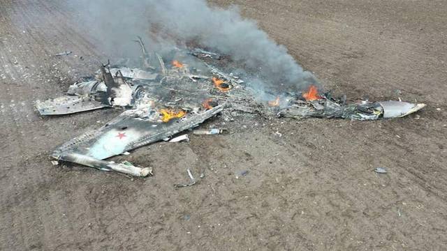 A view shows remains of Russian fighting aircraft Su-35 in Kharkiv region